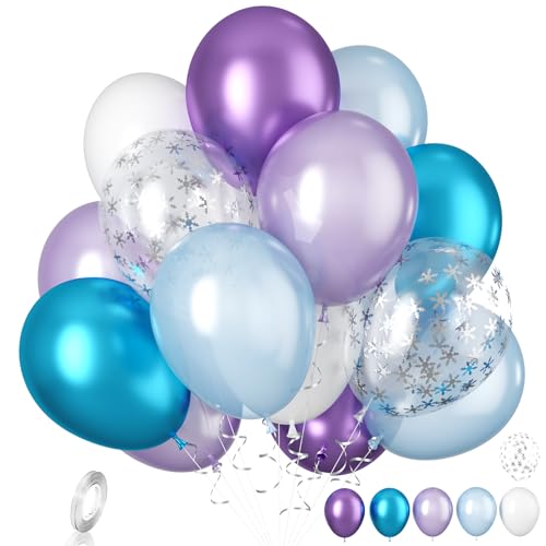 Frozen Luftballons, 20 Stück Blau Lila Luftballons, 12 Zoll Silber Schneeflocken Konfetti Ballons Metallic Blau Lila Latexballon für Mädchen Geburtstag Babyparty Schneeflocke Eis Schnee Party Deko von Biapian