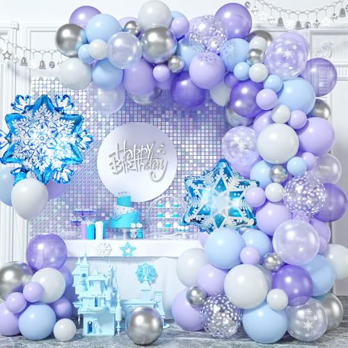 Frozen Luftballons Girlande, 117 Stück Frozen Geburtstag Deko, Lila Blau Weiß Silber Latexballon Schneeflocken Folie für Frozen Thema Party Eis Schnee Prinzessin Thema Geburtstag Wonderland Party Deko von Biapian