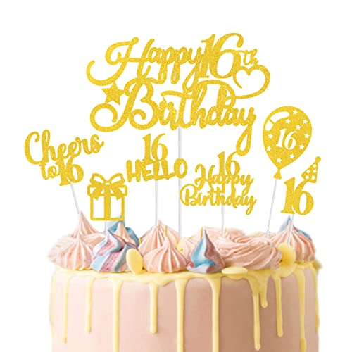 Happy Birthday Tortendeko 16, 16. Geburtstag Tortendeko Gold, Glitzer 16. Happy Birthday Cake Topper Set mit Gold Hello 16 Geschenk Ballon Cupcake Topper für Junge Mädchen 16. Geburtstag Kuchen Deko von Biapian