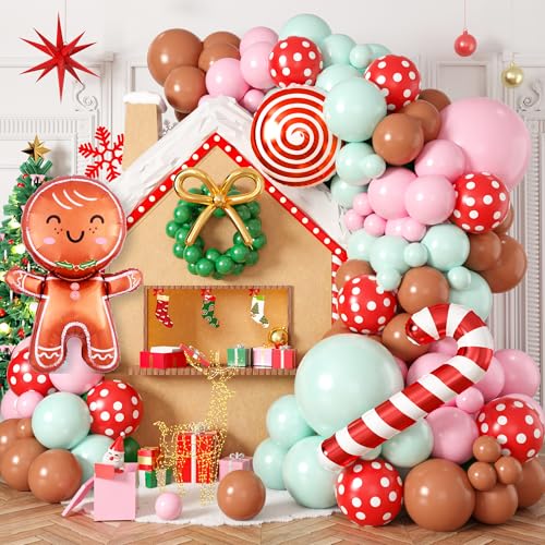 Lebkuchen-Ballonbogen-Set, 115-teilig, pastellrosa, Weihnachtsfeier-Dekorationen mit rosafarbenen und grünen Latex-Zuckerstangen, Lebkuchenmann-Luftballons, Folie für Weihnachten, Kekse, Weihnachten, von Biapian