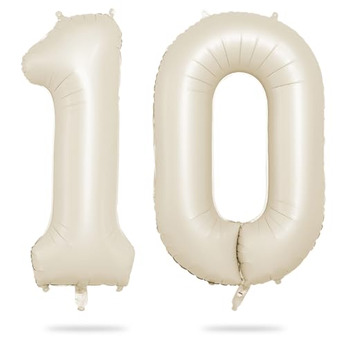 Luftballon 10, 40 Zoll Luftballon 10. Geburtstag, XXL Creme Weiß Zahlen 10 Luftballon Sandweiß Folienballon Helium Ballons für Babyparty Junge Männer 10 Jahre Geburtstags Party Deko von Biapian