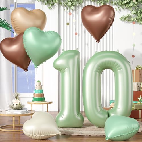 Luftballon 10. Geburtstag, 40 Zoll Salbeigrün Zahl 10 Luftballon, XXL Olivgrün Nummer 10 Folienballon Beige Braune Aprikosen Herzluftballons für Jungen Mädchen Babyparty 10. Geburtstag Party Deko von Biapian