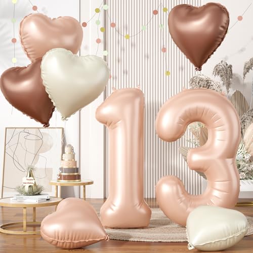 Luftballon 13. Geburtstag, 40 Zoll Aprikose Zahl 13 Luftballon, XXL Nummer 13 Folienballon Beige Braune Aprikosen Herzluftballons Neutraler für Jungen Mädchen Babyparty 13. Geburtstag Party Deko von Biapian