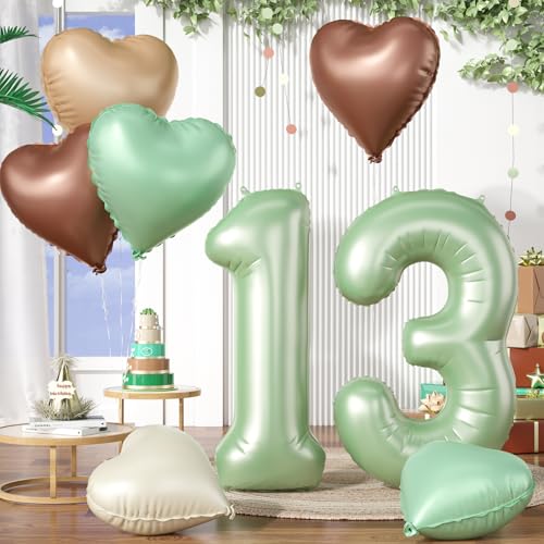 Luftballon 13. Geburtstag, 40 Zoll Salbeigrün Zahl 13 Luftballon, XXL Olivgrün Nummer 13 Folienballon Beige Braune Aprikosen Herzluftballons für Jungen Mädchen Babyparty 13. Geburtstag Party Deko von Biapian