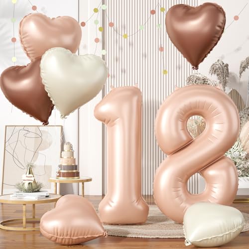 Luftballon 18. Geburtstag, 40 Zoll Aprikose Zahl 18 Luftballon, XXL Nummer 18 Folienballon Beige Braune Aprikosen Herzluftballons Neutraler für Jungen Mädchen Babyparty 18. Geburtstag Party Deko von Biapian