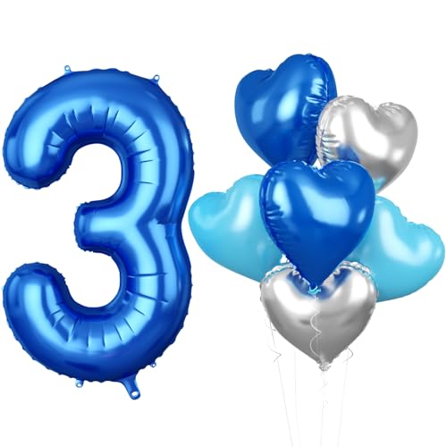 Luftballon 3. Geburtstag, 40 Zoll Blaue Zahl 3 Luftballon, XXL Groß Blau Nummer 3 Folienballon Blau Silber Herzluftballons Helium für Jungen Mädchen Babyparty Jubiläum 3. Geburtstag Party Deko von Biapian