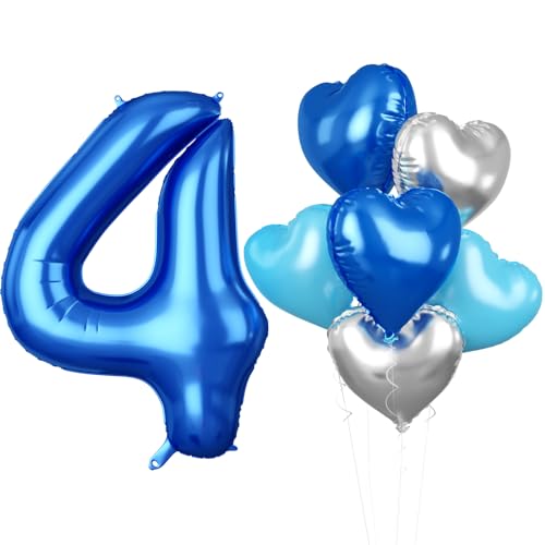 Luftballon 4. Geburtstag, 40 Zoll Blaue Zahl 4 Luftballon, XXL Groß Blau Nummer 4 Folienballon Blau Silber Herzluftballons Helium für Jungen Mädchen Babyparty Jubiläum 4. Geburtstag Party Deko von Biapian