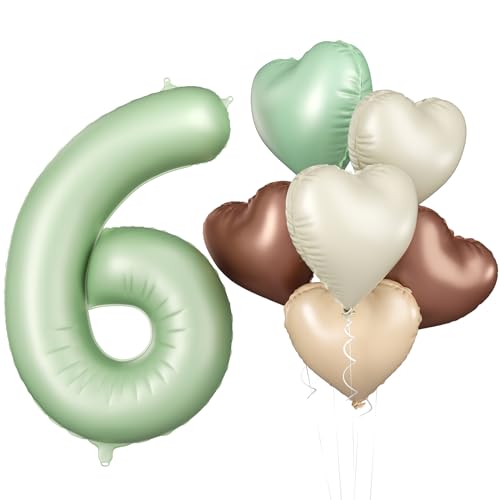 Luftballon 6. Geburtstag, 40 Zoll Salbeigrün Zahl 6 Luftballon, XXL Olivgrün Nummer 6 Folienballon Beige Braune Aprikosen Herzluftballons für Jungen Mädchen Babyparty 6. Geburtstag Party Deko von Biapian