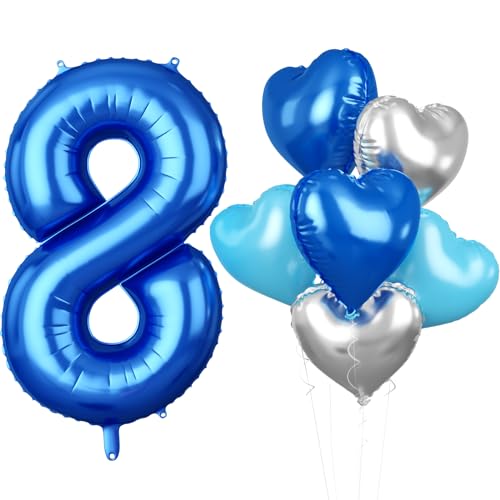 Luftballon 8. Geburtstag, 40 Zoll Blaue Zahl 8 Luftballon, XXL Groß Blau Nummer 8 Folienballon Blau Silber Herzluftballons Helium für Jungen Mädchen Babyparty Jubiläum 8. Geburtstag Party Deko von Biapian