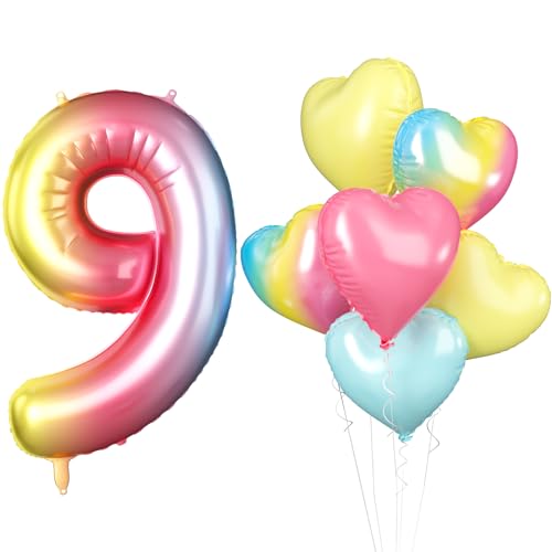 Luftballon 9. Geburtstag, 40 Zoll Regenbogen Zahl 9 Luftballon, XXL 101cm Nummer 9 Folienballon Rosa Gelb Blau Farbverlauf Herzluftballons für Mädchen Babyparty Jubiläum 9. Geburtstag Party Deko von Biapian