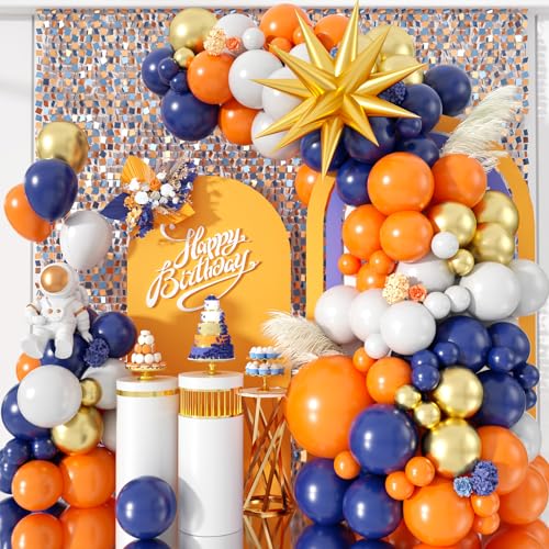 Luftballon Girlande Blau Orange, 107 Stück Marineblau Orange Ballon Girlande mit dunkel Königsblaue Weiß Latexballons Gold Star Foileballon für Geburtstag Erntedankfest Babyparty Hochzeit Party Deko von Biapian