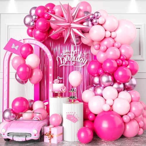 Luftballon Girlande Rosa, 105 Stück Heißrosa Silber Ballon Girlande mit Metallic Pastell Rosa Latex Luftballons Star Folie für Mädchen Geburtstag Babyparty Prinzessinnen Mottoparty Dekorationen von Biapian