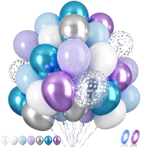 Luftballons Blau Lila, 60 Stück Frozen Blau Lila Weiß Geburtstag Luftballons, Metallic Macaron Lila Blau Latexballons Silber Konfetti Luftballon für Mädchen Geburtstag Babyparty Weihnachten Party Deko von Biapian