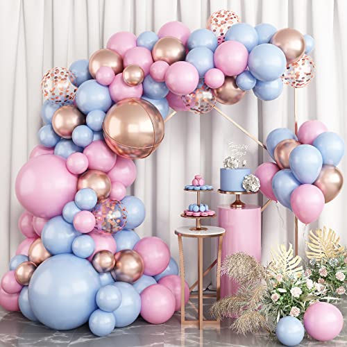 Luftballons Girlande Blau Rosa, Ballon Girlande Baby Shower, Luftballons Geburtstag mit Blau Rosa Latexballons 4D Folie Roségold Konfetti Ballons für Babyparty Gender Reveal Party Hochzeit Deko von Biapian