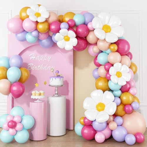 Luftballons Girlande Pastel, Ballon Girlande Daisy mit Macaron Rosa Blau Lila Gelb Orange Latexballons Regenbogen Ballons Blume Folienballons für Mädchen Babyparty Hochzeit Geburtstag Party Dekoration von Biapian