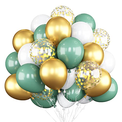 Luftballons Grün Gold, 60 Stück Grün Gold Weiß Luftballons Geburtstag, Goldene Konfetti Ballons Metallisch Helium Ballons Salbeigrün Latex Luftballon für Geburtstagsfeier Hochzeit Babyparty Deko von Biapian