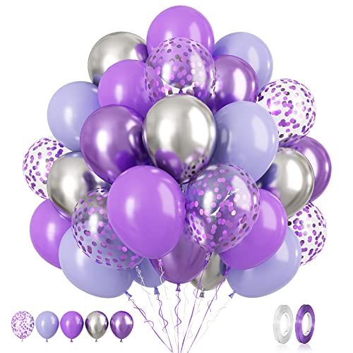 Luftballons Lila Silber, 60 Stück Lila Konfetti Luftballon Geburtstag, Metallic Lila Silber Ballons Macaron Lila Latex Luftballon Party Dekoration für Geburtstagsdeko Hochzeit Babyparty Abschluss Deko von Biapian