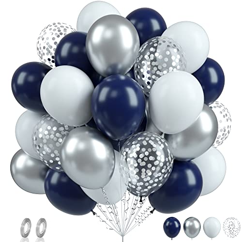 Luftballons Marineblau, 60 Stück Blau Silber Weiß Luftballons Geburtstag, 12 Zoll Dunkelblaue und Weiß Latexballons, Metallisch-Silber Konfetti Ballons für Geburtstag Babyparty Hochzeit Party Deko von Biapian