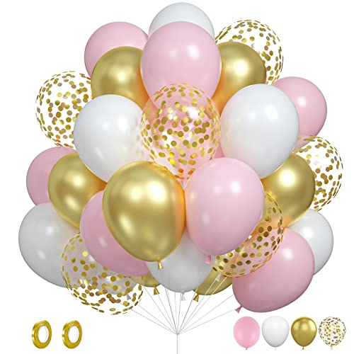 Luftballons Rosa Gold, 60 Stück Rosa Weiß Gold Luftballons Geburtstag, Gold Konfetti Ballons Macaron Rosa Latexballons Helium Party Ballons für Mädchen Geburtstag Hochzeit Brautparty Babyparty Deko von Biapian