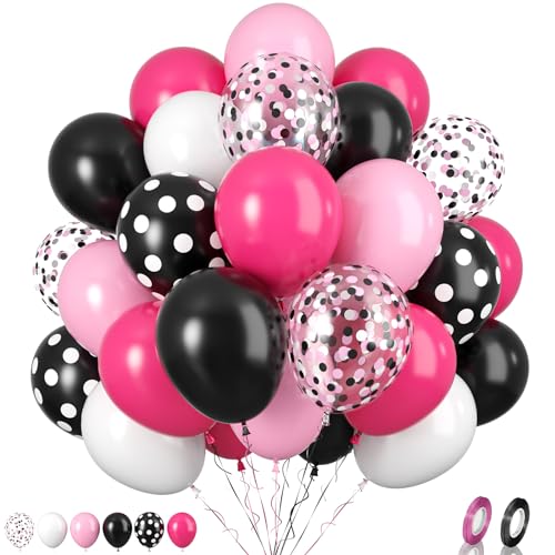 Luftballons Rosa Schwarze, 60 Stück Heißes Rosa Schwarze Luftballons Geburtstag, 12 Zoll Rosa Konfetti Ballons Rosa Schwarze Punkte Latexballons für Mädchen Frauen MausThema Geburtstag Babyparty Deko von Biapian