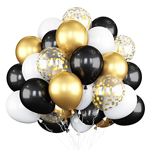 Luftballons Schwarze Gold, 60 Stück Gold Konfetti Luftballons Schwarze Gold Weiß, Matellic Gold Geburtstag Luftballons Weiß Helium Ballons für Geburtstagsdeko Babyparty Hochzeitsdeko Brautparty Deko von Biapian