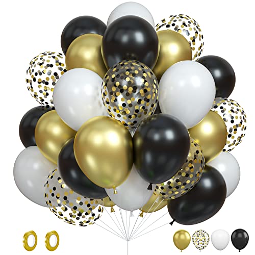 Luftballons Schwarze Gold, 60 Stück Luftballons Konfetti Schwarze Gold Weiß, Matellic Gold Geburtstag Luftballons Weiß Helium Ballons für Geburtstagsdeko Babyparty Hochzeitsdeko Brautparty Deko von Biapian