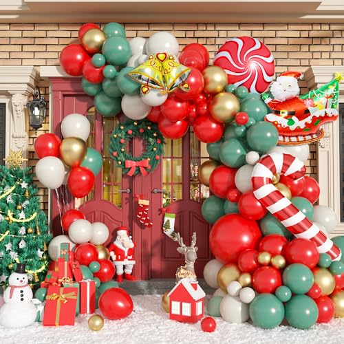 Weihnachtsballon-Girlandenbogen-Set, 106 Stück, Salbeigrün, Rotgold, Ballonbogen mit Glocke, Zuckerstange, Weihnachtsmann, Folienballons, sandweiße Latex-Luftballons für Neujahr, Windmühle, von Biapian