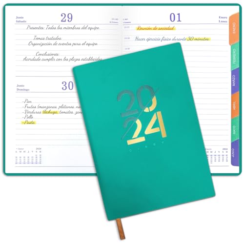 Bibykivn Terminplaner 2024, Kalender 2024 Buchkalender A5,Tageskalender 1 Tag 1 Seite,12-Monate-Terminplaner Ringbuch (Jan.2024-Dez.2024), Spanisch Buchkalender A5 + Viele Extras (Grün) von Bibykivn