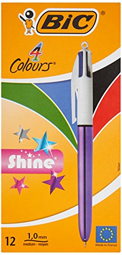 BIC 4 Farben Kugelschreiber 4 Colours Shine, Schaft in metallic lila, 12er Pack, Ideal für das Büro, das Home Office oder die Schule von BIC