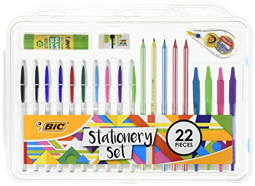 Bic 961543 Schreibwaren-Set, Klebestift, Mini-Radierer, Korrekturband, HB Graphitstift, Kugelschreiber (22 Stück) von BIC