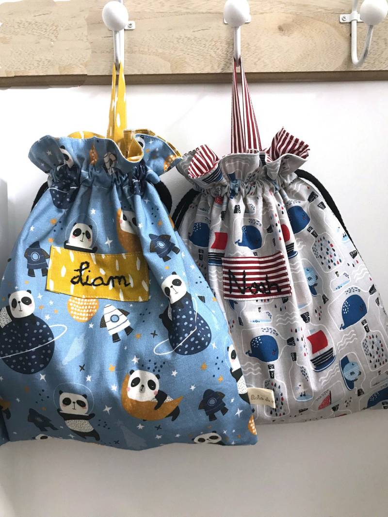 Personalisierte Kordelzug Für Kinder, Himmelblaue Panda-Tasche, Vorschultasche, Turnbeutel, Fügen Sie Ihren Namen Hinzu, Benutzerdefinierte Tasche von Bichodimamma