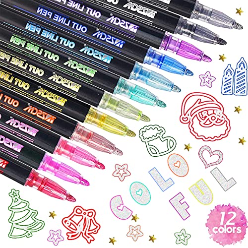 BieFuSin 12 Farben Metallic Marker Stifte Set, Glitzerstifte Magische Stifte, Outline Stifte Glossy Pen Metallic Zauberstifte für Malen, Scrapbooking, Basteln, Schulanfang Mädchen Geschenk von BieFuSin