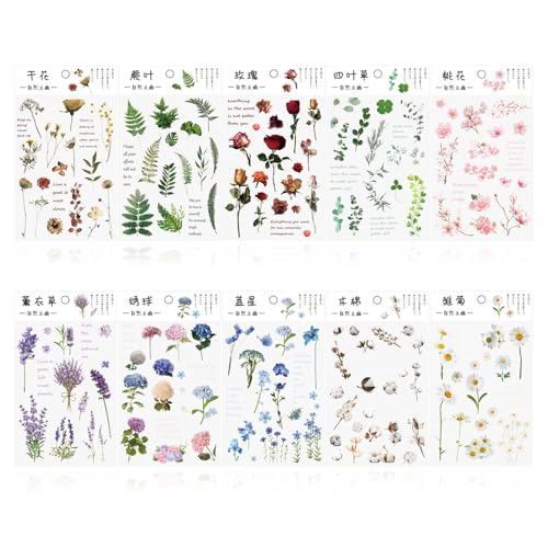 Bieiyhe 10 Blatt Blumen Sticker Natur Pflanzen Sticker Scrapbooking Aufkleber Fotoalbum Deko Sticker Transparent Klein Aesthetic Sticker Selbstklebend Vintage Flower Sticker Wasserfeste für Handwerk von Bieiyhe