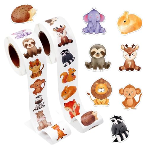 Bieiyhe 1000pcs Aufkleber Tiere Kinder, Belohnungsaufkleber Rolle,Sticker Tiere,Tiermotiv Sticker Waldtiere,Dschungel Aufkleber,Cartoon Tieraufkleber Runde,Tiersticker Selbstklebend,Tiermuster Sticker von Bieiyhe