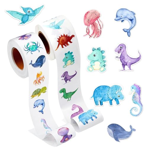 Bieiyhe 1000pcs Dinosaurier Aufkleber Tiere Kinder, Belohnungsaufkleber Rolle,Sticker Meer,Motive Sticker Tiere,Ozean Aufkleber,Cartoon Tieraufkleber Runde,Tiersticker Selbstklebend,Tiermuster Sticker von Bieiyhe