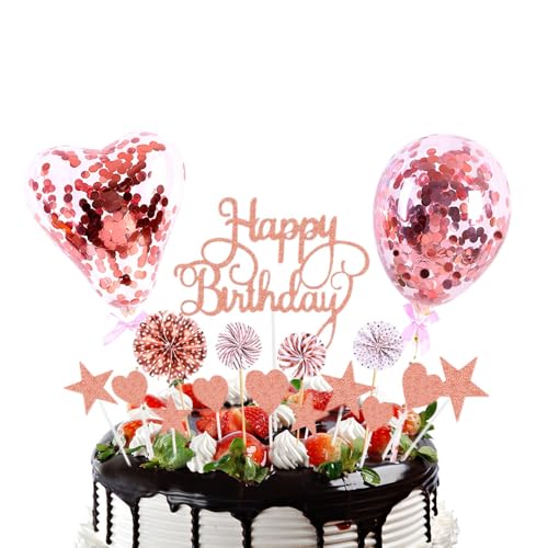 Bieiyhe 17 Stück Geburtstagstorte Deko Rosengold Glitter Happy Birthday Kuchen Deko Cake Topper Torten Topper Tortendekoration Geburtstag Tortendeko Tortenstecker für Torte Cupcake Topper für Jubiläum von Bieiyhe