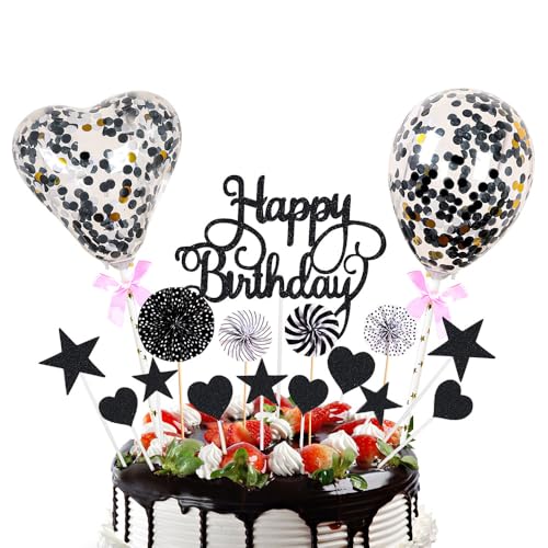 Bieiyhe 17 Stück Geburtstagstorte Deko schwarz Glitter Happy Birthday Kuchen Deko Cake Topper Torten Topper Tortendekoration Geburtstag Tortendeko Tortenstecker für Torte Cupcake Topper für Jubiläum von Bieiyhe