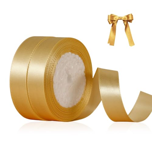 Bieiyhe 2 Rollen Satinband Geschenkband Schleifenband Gold 20mm X 22 Mete Seidenbänder zum Basteln Satinbänder Breit Ribbon Band Geschenkbänder Stoff Schmal Dekoband Stoffband für Hochzeit,Verpacken von Bieiyhe