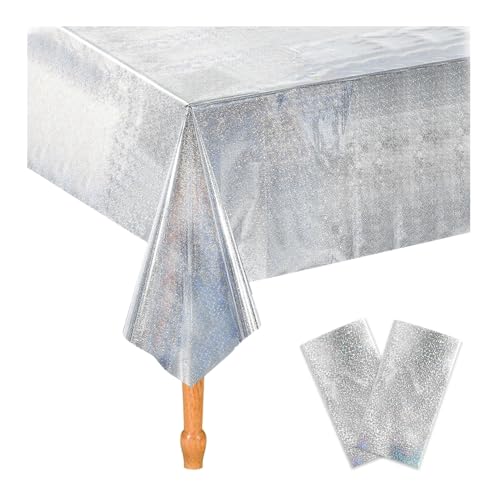 Bieiyhe 2 Stück Party Tischdecke Glitzer Silber 137 X 274cm, Rechteck Tischdecke Kindergeburtstag, Tischdecke Dekoration, Tischdecke Plastik wasserdichte, Einweg Tischdecke Hochzeit, für Weihnachten von Bieiyhe