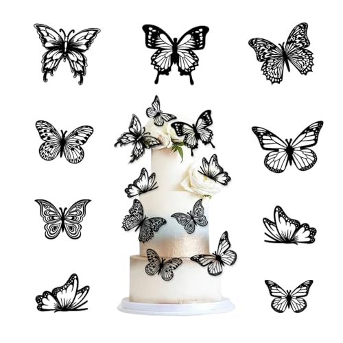 Bieiyhe 36 Stück 3D Schmetterling Cupcake Topper Hochzeit Kuchen Deko Schmetterlinge Deko Torte Hohle Tortendeko Geburtstag Mädchen Happy Birthday Kuchendeko Cake Dekoration für Party -Schwarz von Bieiyhe