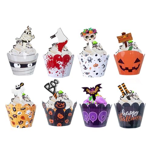 Bieiyhe 48 Stücke Muffins Deko Halloween Cupcake Topper Dekoration Kuchendeko Halloween Muffin Deko Cupcake Wrappers Halloween Tortendeko Kürbis Geist Kuchen Dekoratio Halloween Zahnstocher für Party von Bieiyhe