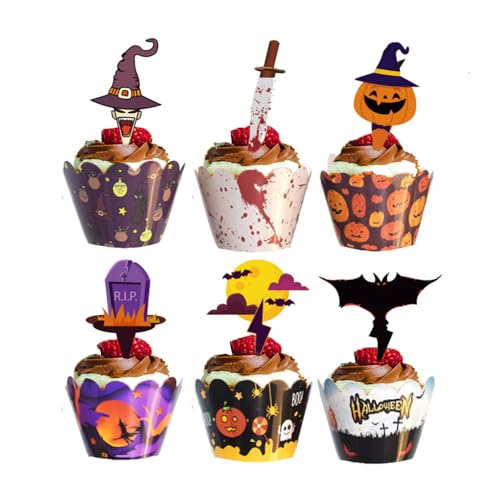 Bieiyhe 48 Stücke Muffins Deko Halloween Cupcake Topper Dekoration Kuchendeko Halloween Muffin Deko Cupcake Wrappers Halloween Tortendeko Kürbis Geist Kuchen Dekoratio Halloween Zahnstocher für Party von Bieiyhe