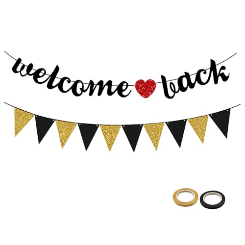 Bieiyhe Banner Herzlich Willkommen Zurück Welcome Back Deko Set Dreieck Flagge Banner Schwarzes Gold Willkommen Party Dekoration Girlande Willkommen Zuhause Welcome Schild Party für Klassenzimmer von Bieiyhe