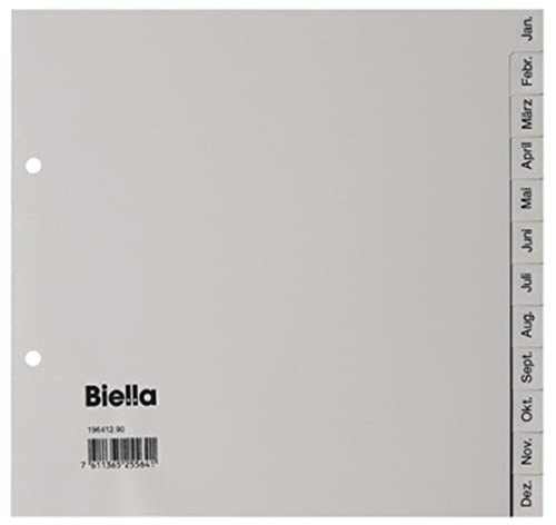 Biella Kunststoff-Register Monate/mit bedruckten Taben Januar-Dezember/Farbe: Grau/Format: 2/3 A4 / für DIN A4 / Plastikregister für die ideale Ablage von Dokumenten von Biella