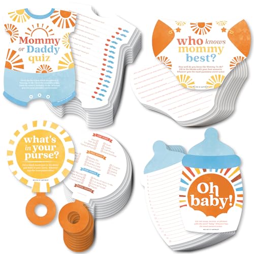 Big Dot of Happiness Here Comes The Son-Babyparty-Spiel-Set, 4 Boho-Party-Aktivitäten für Jungen (je 10 Karten) – "Who Knows Mommy Best, Mommy or Daddy Quiz, What's in Your Purse and Oh Baby von Big Dot of Happiness