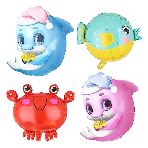 4 Stück Meerestier Delfine Folienballon Süßer Delfin Blau Rosa Krabbe Kugelfisch Dolphin Helium Foil Luftballon Delphin Ozean Thema Delfin Geburtstag Party Deko von Big Eye Owl