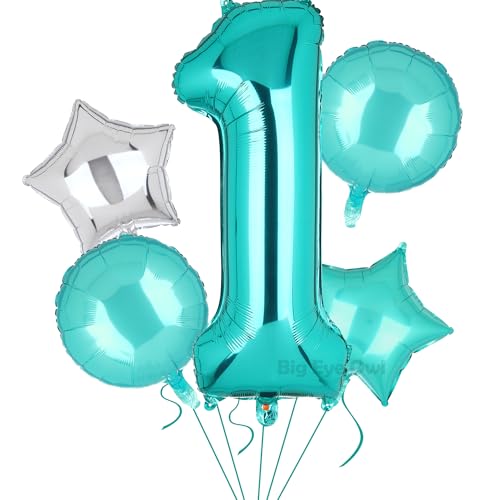 5 Stück XXL Türkis Zahl 1 Luftballon Tiffany Blau Nummer 1 Folienballons Groß Zahlen Happy Birthday Ballon Geburtstags Deko 100cm von Big Eye Owl