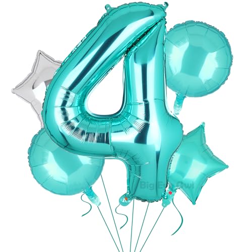 5 Stück XXL Türkis Zahl 4 Luftballon Tiffany Blau Nummer 4 Folienballons Groß Zahlen Happy Birthday Ballon Geburtstags Deko 100cm von Big Eye Owl