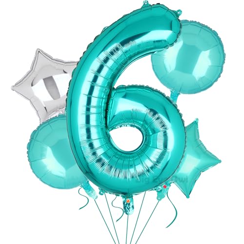 5 Stück XXL Türkis Zahl 6 Luftballon Tiffany Blau Nummer 6 Folienballons Groß Zahlen Happy Birthday Ballon Geburtstags Deko 100cm von Big Eye Owl