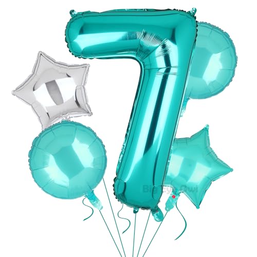 5 Stück XXL Türkis Zahl 7 Luftballon Tiffany Blau Nummer 7 Folienballons Groß Zahlen Happy Birthday Ballon Geburtstags Deko 100cm von Big Eye Owl